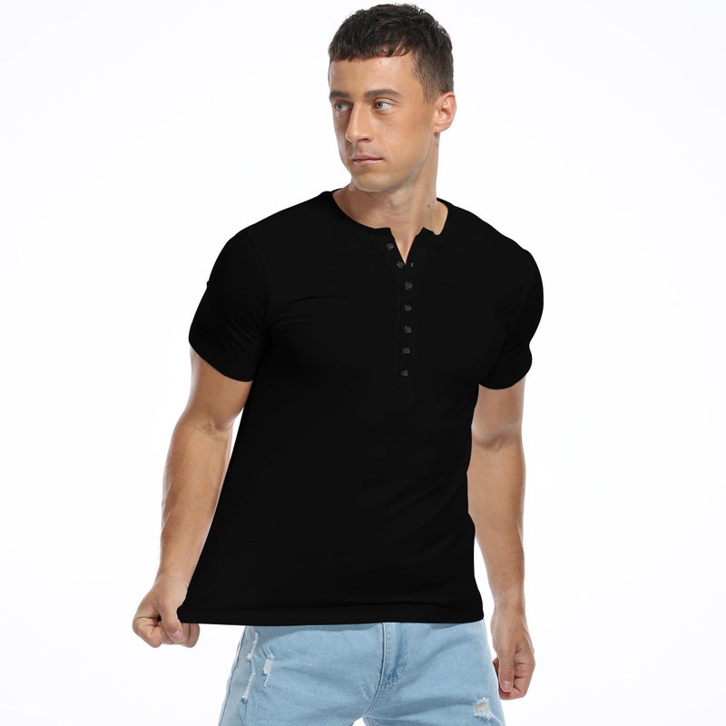 YTD Mens Casual Slim Fit Basic Henley Short Sleeve Fashion Summer T-Shirt M Black - Image 5